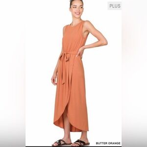 Watch Me Rise Faux Wrap Knit Belted Dress in Buttered Orange Plus Size